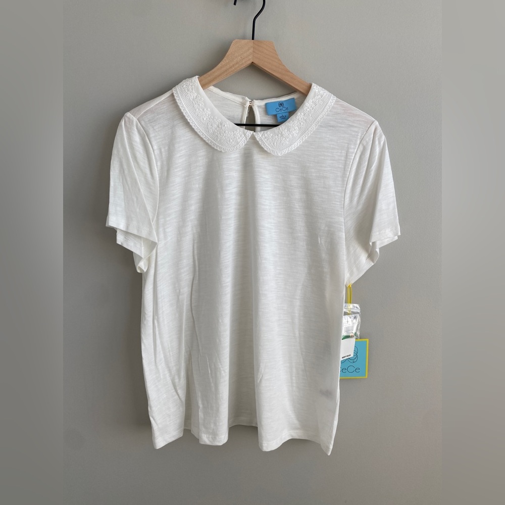 CeCe Embroidered Collar Short Sleeve Cotton Blend Top, Sz L - NWT